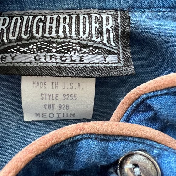 90's Roughrider Chambray/Denim Shirt with Embroidery and Suede - Size Medium - Picture 9 of 10